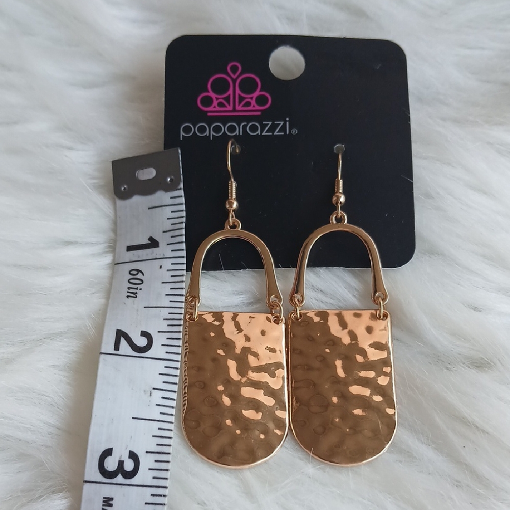 Paparazzi Gold Textured Earrings Modern Artisanal Design - Picture 5 of 6